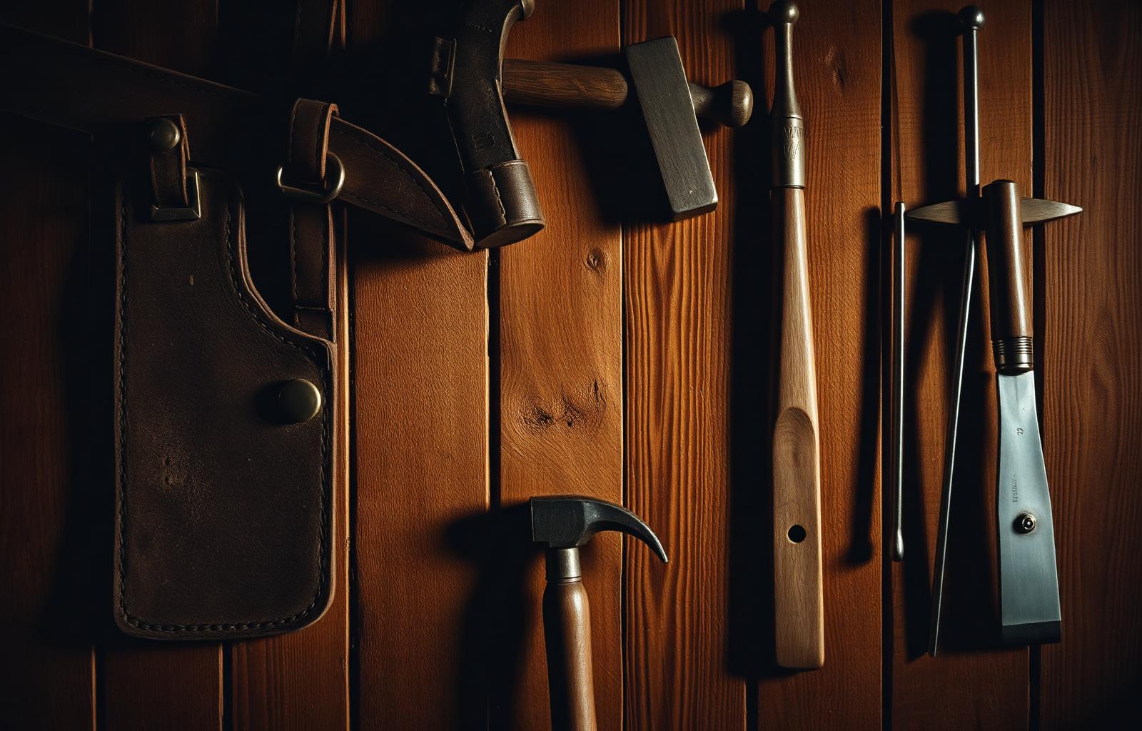 Craftsman tools hanging on a warm wooden workshop wall